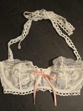 For Love And Lemons White Lace Halter Bralette with Pink Bow Accent